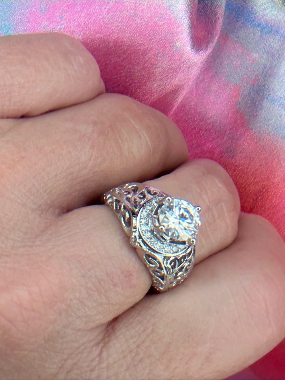 New Round Moissanite Ring with Raised Halo and Ornate Filigree Band